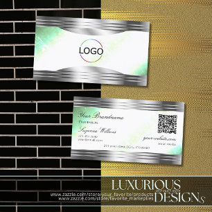 Bright Shimmery Mint Silver Borders Logo QR Code Business Card