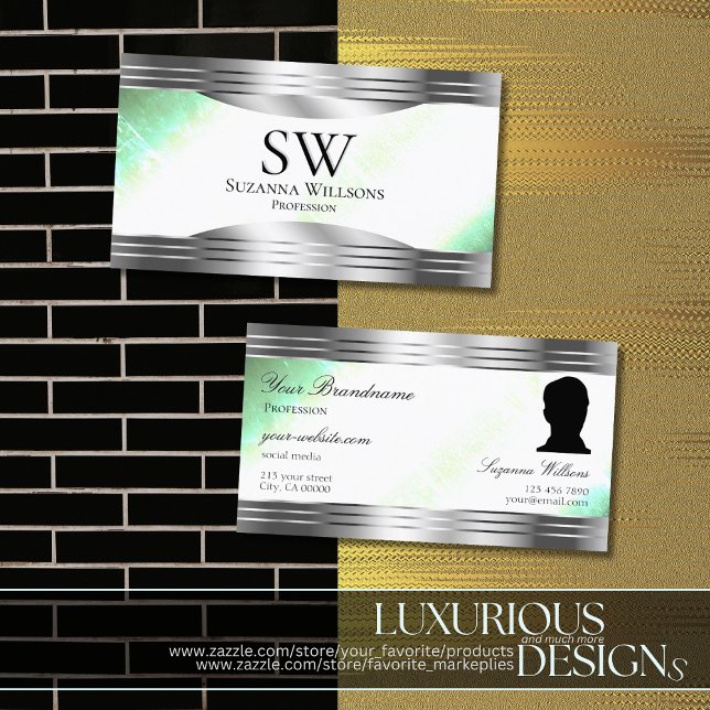 Bright Shimmery Mint Silver Borders Monogram Photo Business Card (Creator Uploaded)