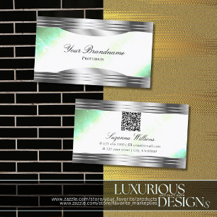 Bright Shimmery Mint with Silver Borders QR Code Business Card