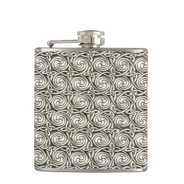 Bright Shiny Silver Celtic Spiral Knots Pattern Hip Flask (Front)
