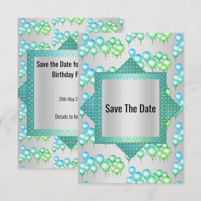 Bright Silver Green Balloon Save the Date Invitation (Front/Back)