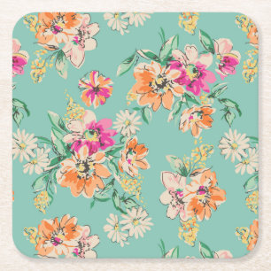 Bright Sketch Floral Pattern Square Paper Coaster