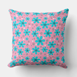 Bright sky blue chamomile flowers on pink backgrou cushion