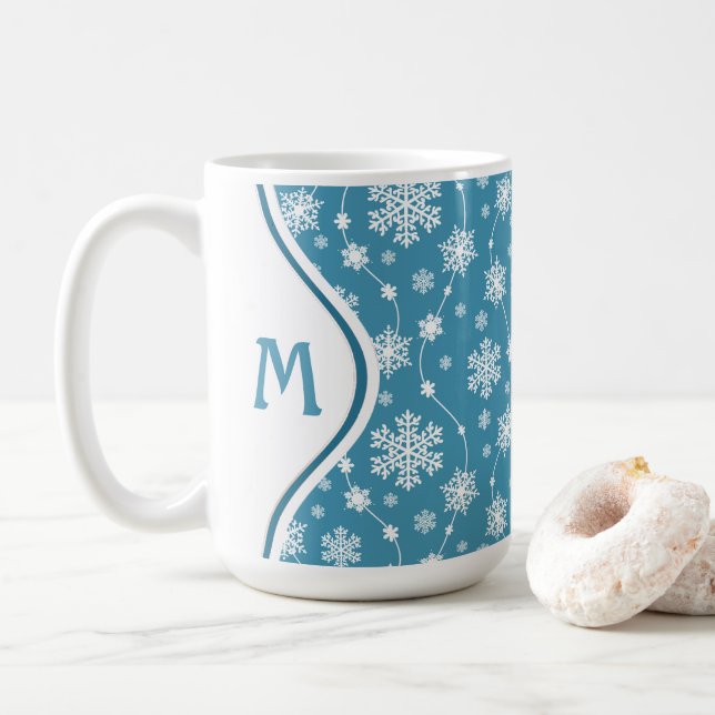 Bright Sky Blue Winter White Snowflake Pattern Coffee Mug (With Donut)