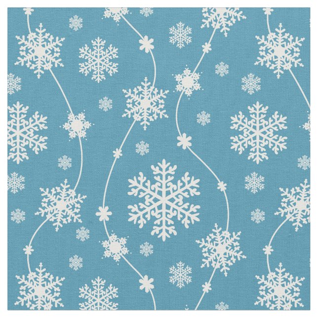 Bright Sky Blue Winter White Snowflake Pattern Fabric (Close Up)