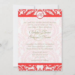 Bright Snap Dragon Coral Damask Grey Font Wedding Invitation