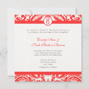 Bright Snap Dragon Coral Damask Grey Font Wedding Invitation