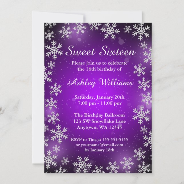Bright Snowflake Purple Winter Wonderland Sweet 16 Invitation (Front)