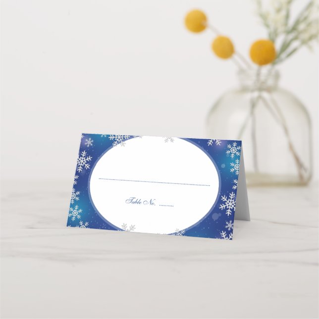 Bright Snowflakes Blue White Winter Folded Place Card (Front)