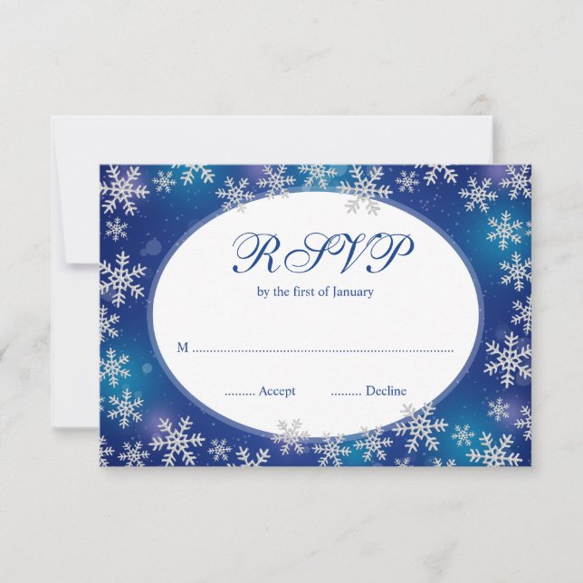 Bright Snowflakes Blue White Winter RSVP Card (Front)