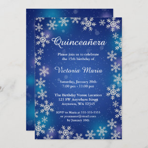 Bright Snowflakes Blue Winter Quinceanera Invites