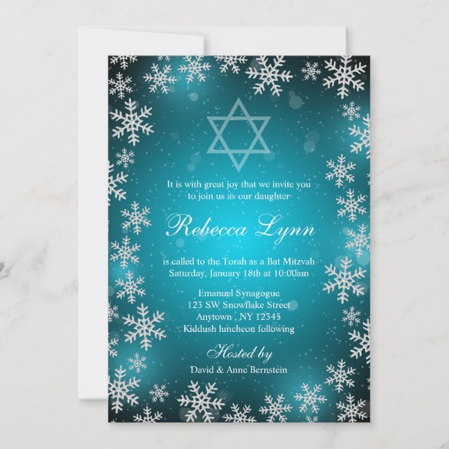 Bright Snowflakes Teal Blue Winter Bat Mitzvah Invitation (Front)