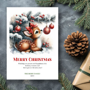 Bright Snowy Forest Fawn Watercolor Christmas Card