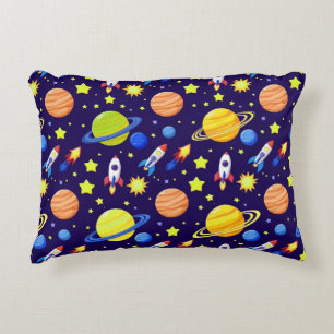 Bright Space Adventure Rockets Planets Stars Decorative Cushion
