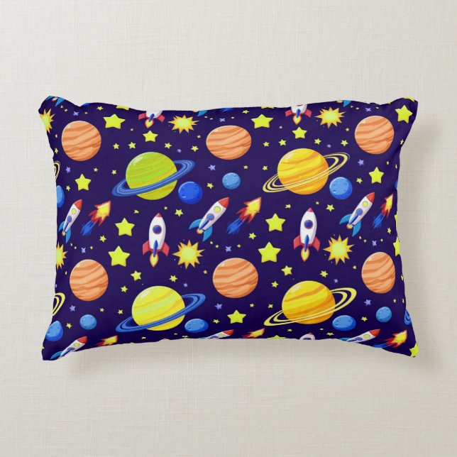 Bright Space Adventure Rockets Planets Stars Decorative Cushion (Front)