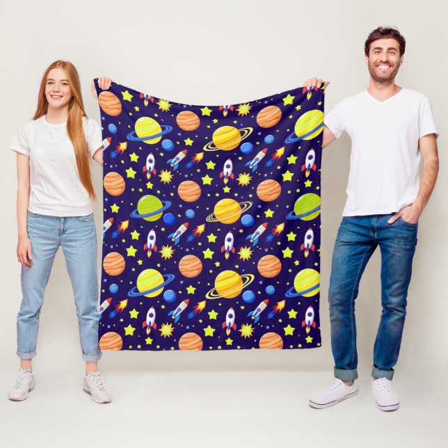 Bright Space Adventure Rockets Planets Stars Fleece Blanket (In Situ)