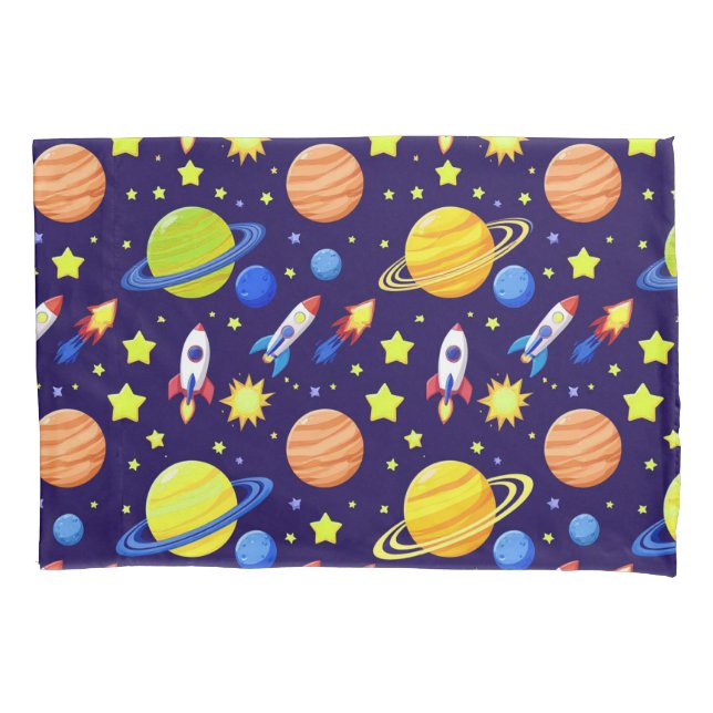 Bright Space Adventure Rockets Planets Stars Pillowcase (Front)