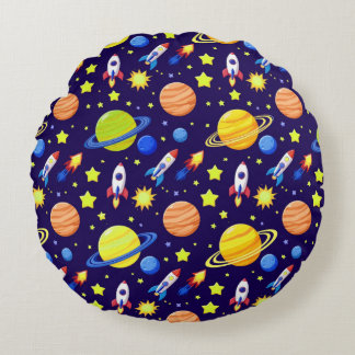 Bright Space Adventure Rockets Planets Stars Round Cushion
