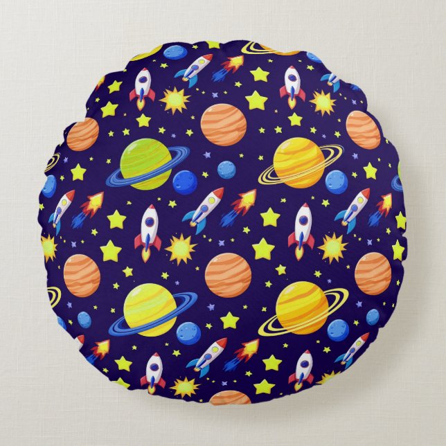 Bright Space Adventure Rockets Planets Stars Round Cushion (Front)