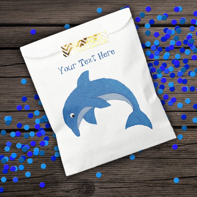 Bright Sparkle Blue Jumping Dolphin Birthday Favour Bag (Bright blue sparkle like ocean dolphin in jumping position on kids party favor bags.)