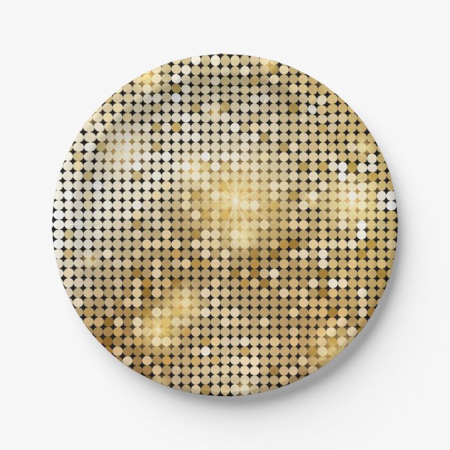 Bright sparkling golden sequin glitters disco ball paper plate (Front)