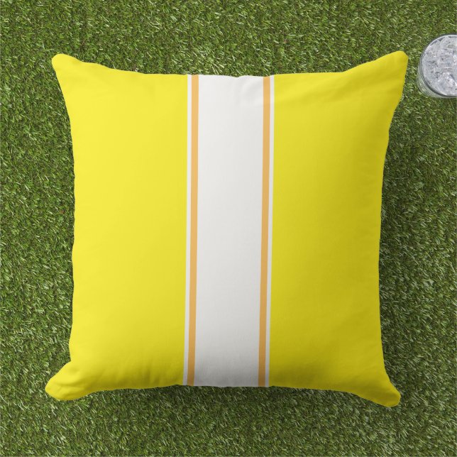 Bright Sporty Lemon Yellow White Racing Stripes Cushion (Grass)