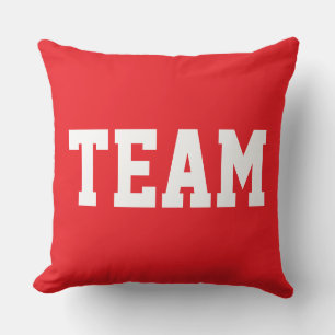 Bright Sporty Red Fun Athletic TEAM White Text Cushion