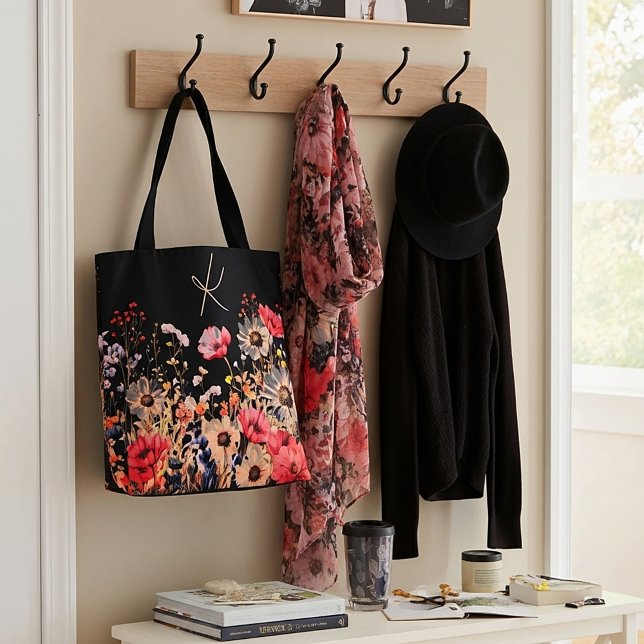 Bright spring flowers on black monogram tote bag (Creator Uploaded)