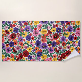 Bright Spring Pansies Floral Garden Pattern Beach Towel