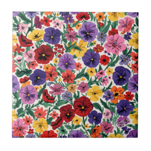 Bright Spring Pansies Floral Garden Pattern Ceramic Tile