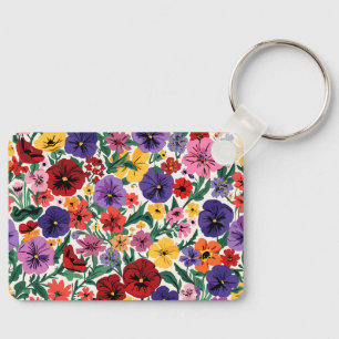 Bright Spring Pansies Floral Garden Pattern Key Ring