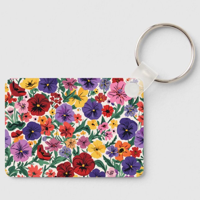 Bright Spring Pansies Floral Garden Pattern Key Ring (Front)