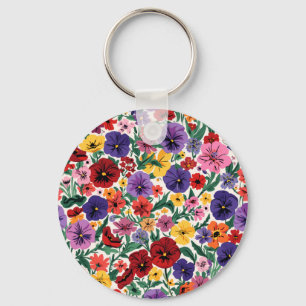 Bright Spring Pansies Floral Garden Pattern Key Ring