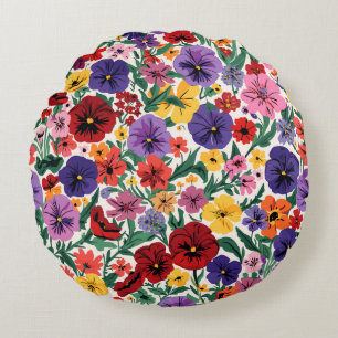 Bright Spring Pansies Floral Garden Pattern Round Cushion