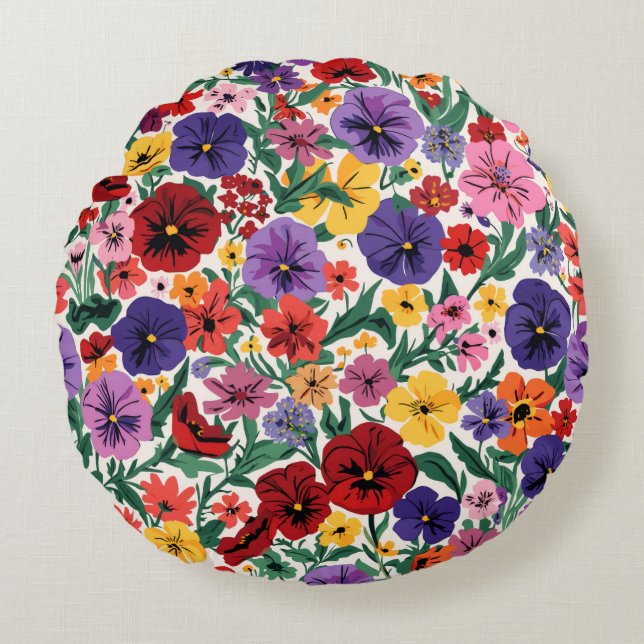Bright Spring Pansies Floral Garden Pattern Round Cushion (Front)
