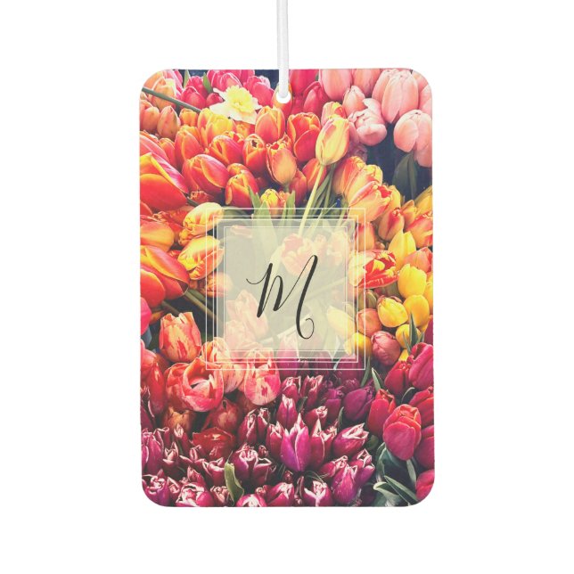 Bright Spring Tulips With Monogram Car Air Freshener (Front)