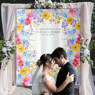 Bright Spring Watercolor Flowers Wedding Backdrop Tapestry