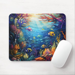 BRIGHT STAINED GLASS LOOK UNDERWATER WITH FISH MOUSE PAD