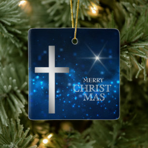 Bright Star Christian Silver Cross Christmas Ceramic Ornament