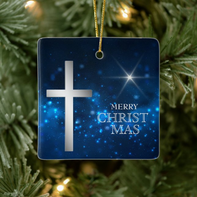 Bright Star Christian Silver Cross Christmas Ceramic Ornament (Tree)