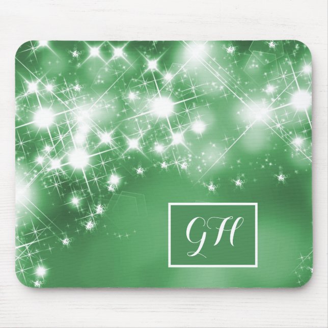 Bright Star Lights on Green Monogram Mouse Pad (Front)