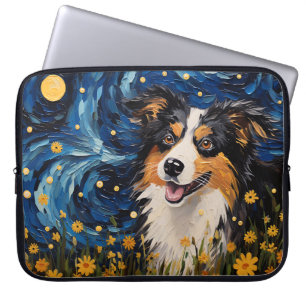 BRIGHT STARRY NIGHT WITH AUSTRALIAN SHEPHERD DOG LAPTOP SLEEVE