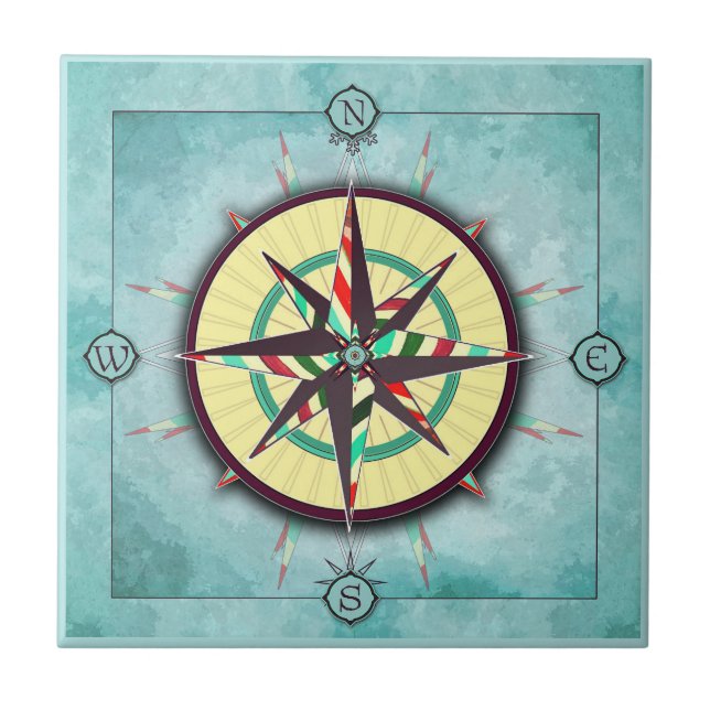 Bright Stripe Nautical Compass Ceramic Tile (Front)