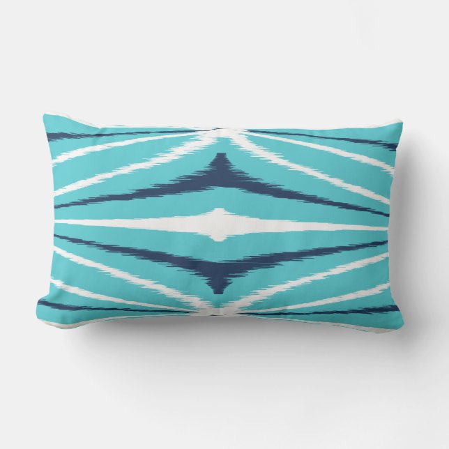 Bright striped blue and white tribal ikat print lumbar cushion (Front)