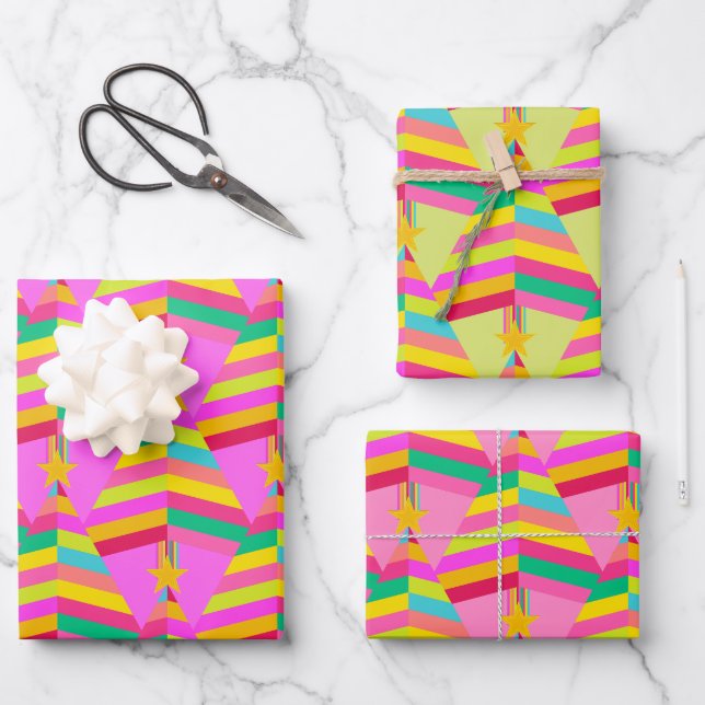 Bright Striped Christmas Trees on Pink and Green Wrapping Paper Sheet (Front)