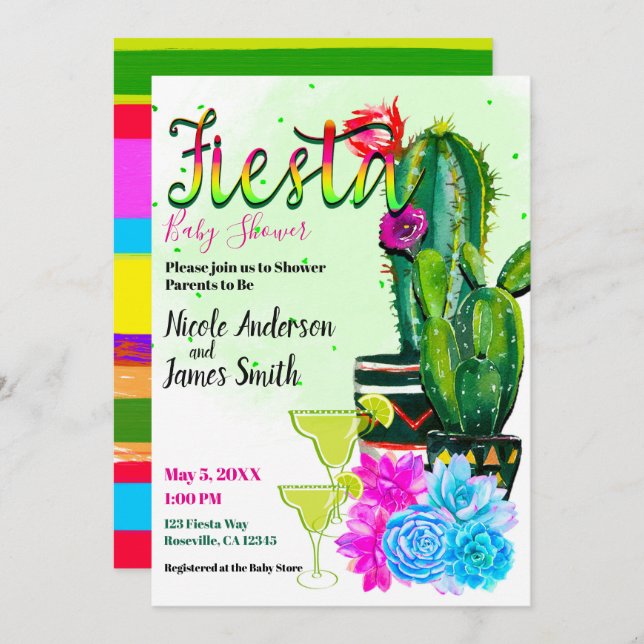 Bright Stripes Cactus Succulent FIESTA Baby Shower Invitation (Front/Back)