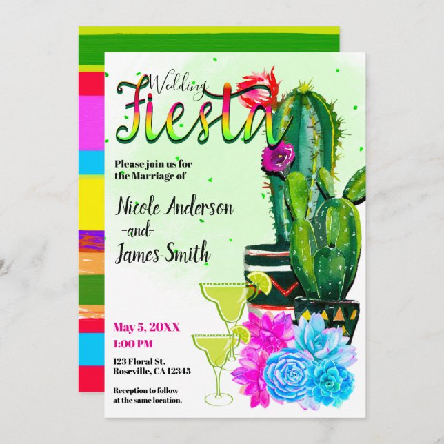 Bright Stripes Cactus & Succulents FIESTA WEDDING Invitation (Front/Back)