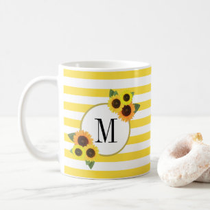 Bright Stripes Yellow Sunflowers Floral Monogram Coffee Mug