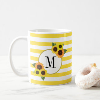 Bright Stripes Yellow Sunflowers Floral Monogram Coffee Mug