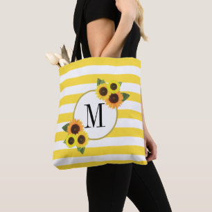 Bright Stripes Yellow Sunflowers Floral Monogram Tote Bag